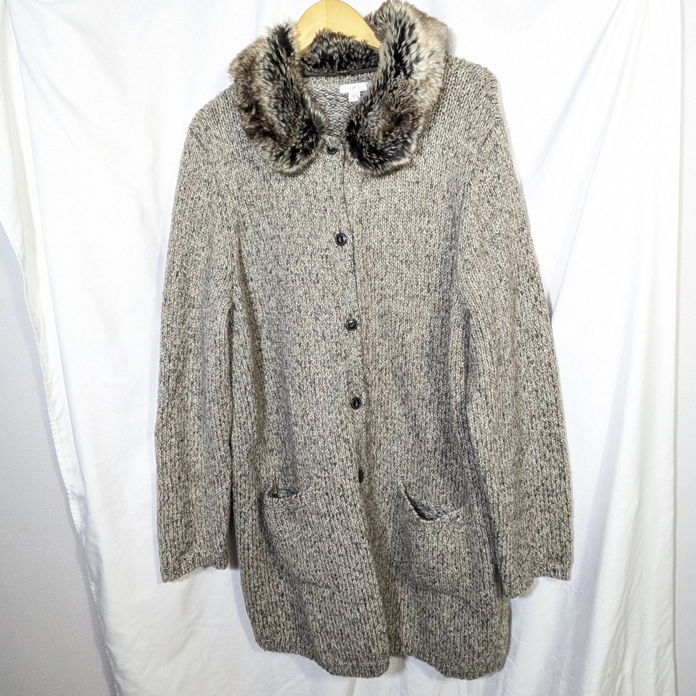 J Jill Women's Tweed Cardigan Sweater Coat Long Cardigan Faux Fur Collar XL - Picture 2 of 12